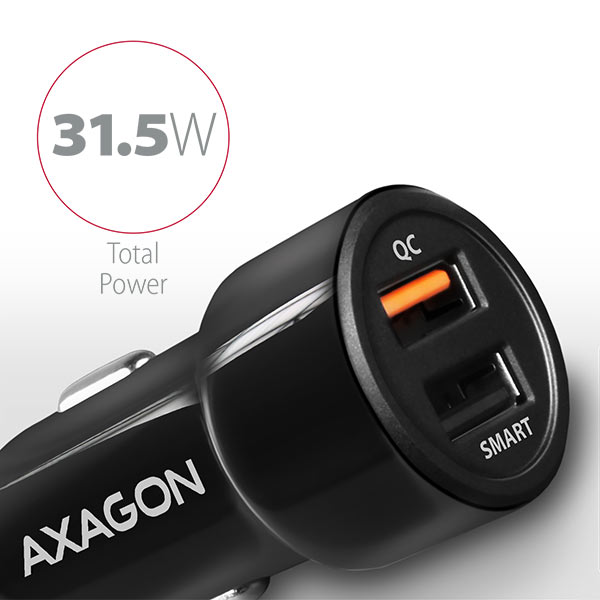 AXAGON PWC-QC5 Car-Charger, 1x USB-A QC 3.0 + 1x USB-A SmartCharge, 31,5 W, CL-Plug - Black