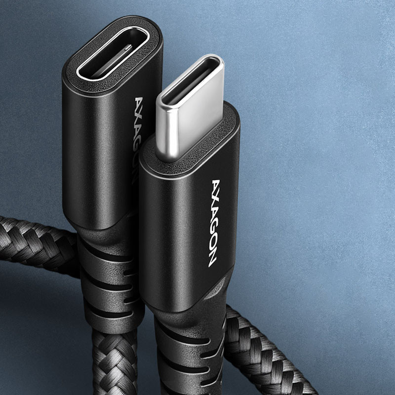 Kábel Axagon BUCM32-CF05AB USB C hosszabbító, 20GBPS, 240W, 50cm, fonott, fekete