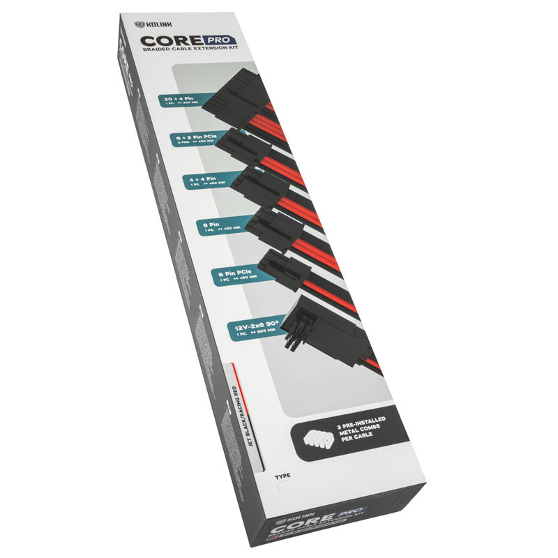 Kábel Kolink Core Pro fonott kábelhosszabbító kit 12V-2x6 Type 1 - Jet Black/Racing Red