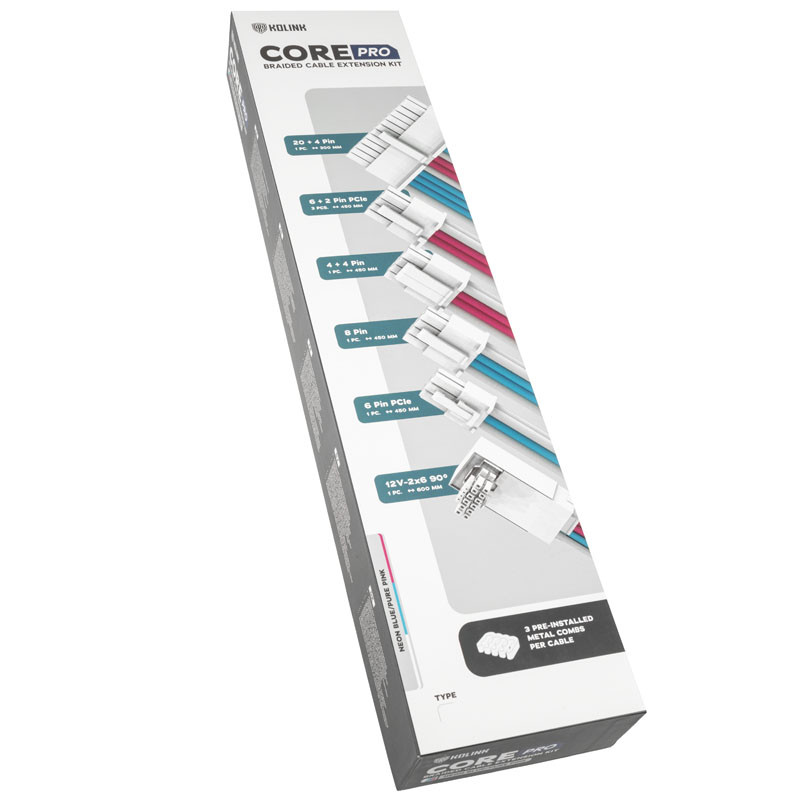 Kábel Kolink Core Pro fonott kábelhosszabbító kit 12V-2x6 Type 2 - Brilliant White/Neon Blue/Pur