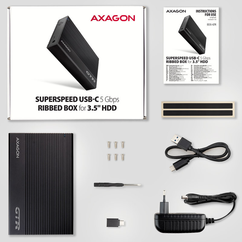 HDD ház Axagon EE35-GTR USB-C, 5Gbps, 3.5" külső ház + táp, fekete