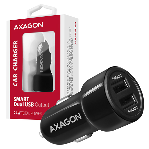 Autós töltő Axagon PWC-5V5 USB Type-A 2 port SmartCharge 24W Fekete