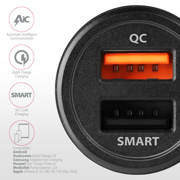 Autós töltő Axagon PWC-QC5 USB Type-A 2 port QuickCharge + SmartCharge 31,5W Fekete