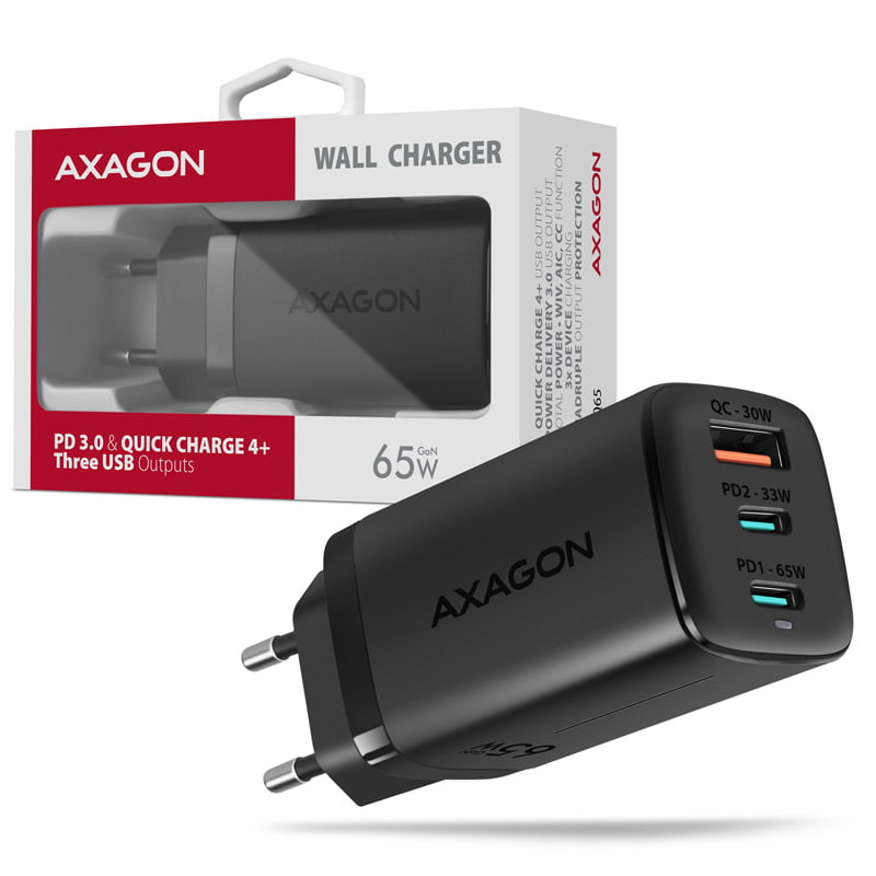 Hálózati töltő Axagon 2x USB-C, 1x USB-A, 65 W PD3.0/QC4+/PPS/Apple, fekete
