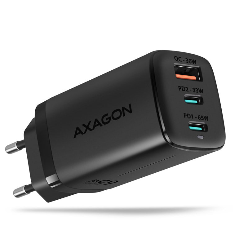 Hálózati töltő Axagon 2x USB-C, 1x USB-A, 65 W PD3.0/QC4+/PPS/Apple, fekete
