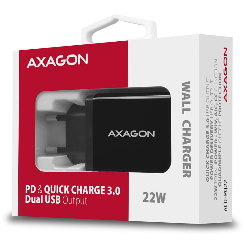AXAGON ACU-PQ22 PD & QC Wall charger 22W, 2x port (USB-A + USB-C), PD3.0/QC3.0/AFC/Apple