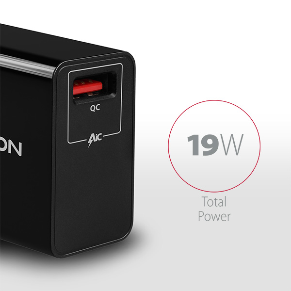 AXAGON ACU-QC19 charger, 1x USB-A, QC3.0/AFC/FCP/Smart 5V / 1,3A, 19W - black