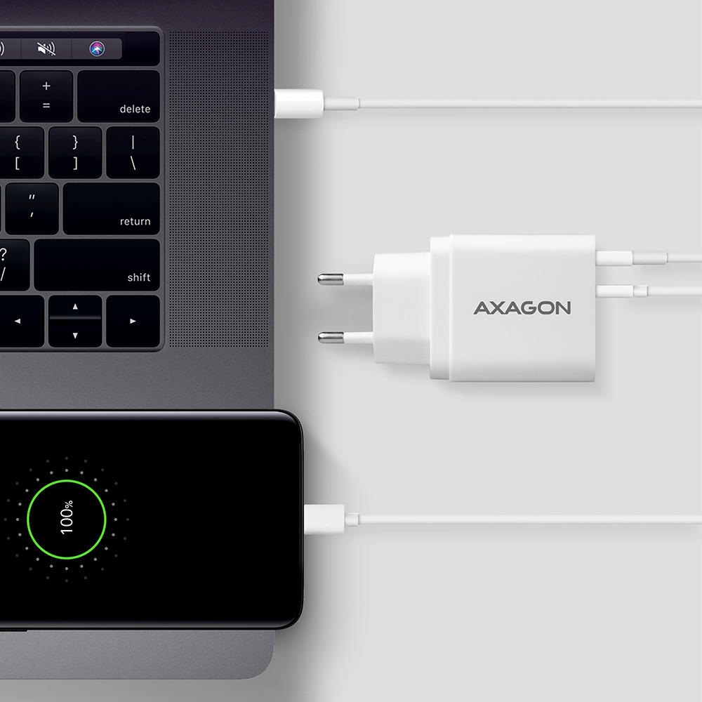 Hálózati töltő Axagon ACU-PQ22W 1x USB-C, 1x USB-A, PD3.0/QC3.0, 22 W, fehér