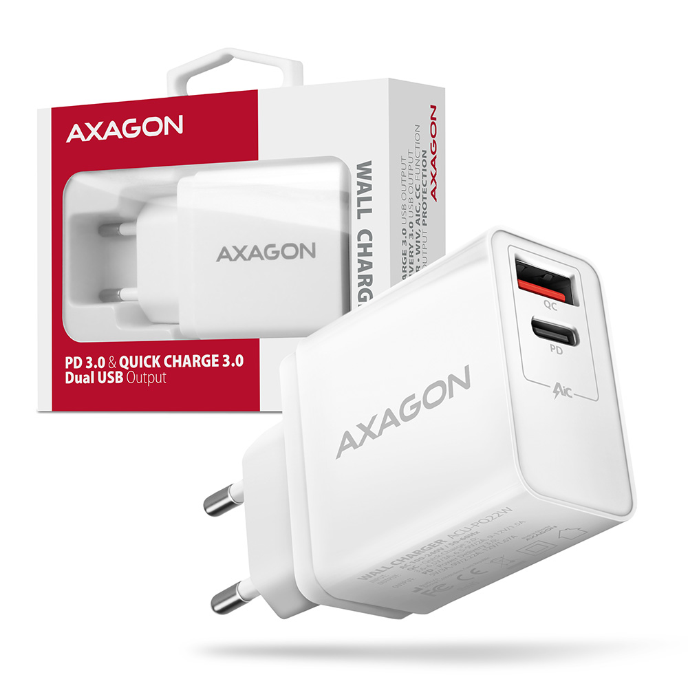 Hálózati töltő Axagon ACU-PQ22W 1x USB-C, 1x USB-A, PD3.0/QC3.0, 22 W, fehér