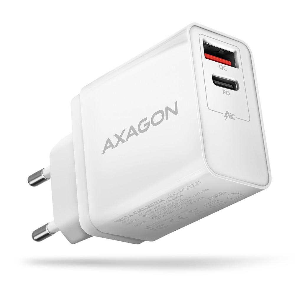 AXAGON ACU-PQ22W charger, 1x USB-C, 1x USB-A, PD3.0/QC3.0, 22 W - white