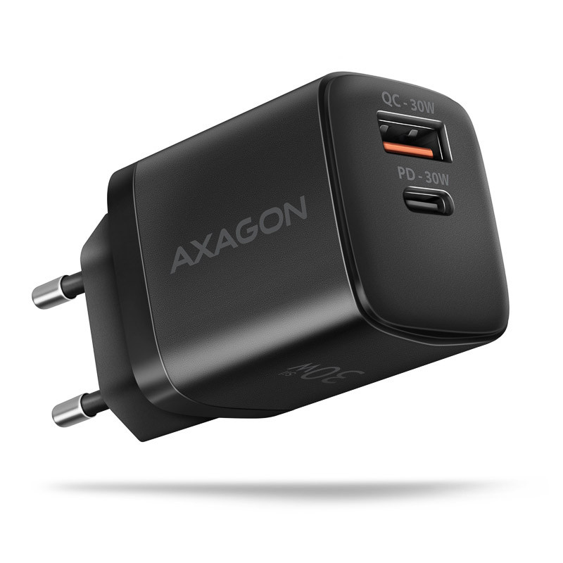 Hálózati töltő Axagon 1x USB-C és 1x USB-A, 30W PD3.0/QC3.0/AFC/Apple, fekete