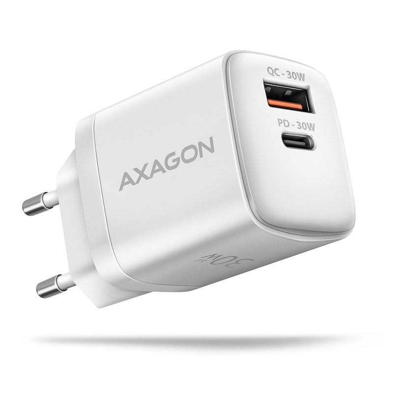 Hálózati töltő Axagon 1x USB-C és 1x USB-A, 30W PD3.0/QC3.0/AFC/Apple, fehér
