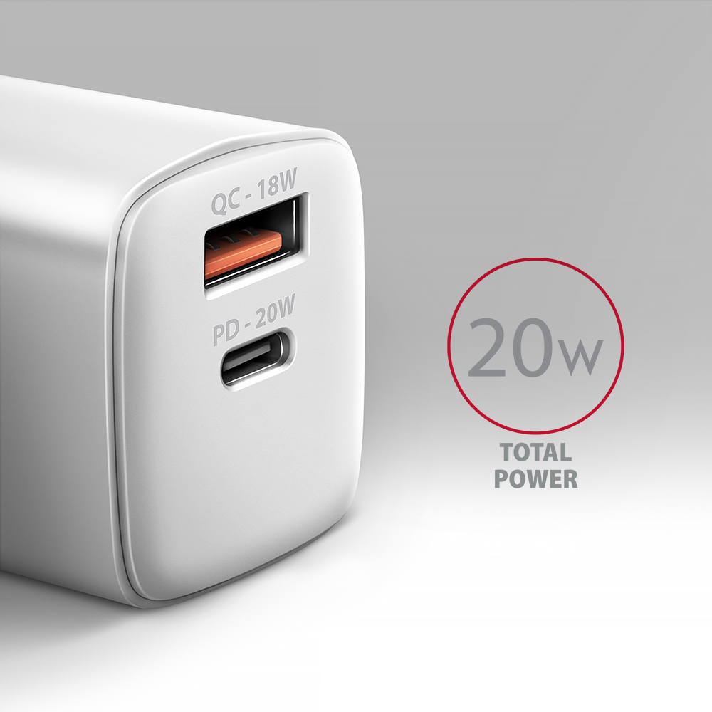 AXAGON ACU-PQ20W charger, 1x USB-C, 1x USB-A, PD3.0/QC3.0, 22 W - white
