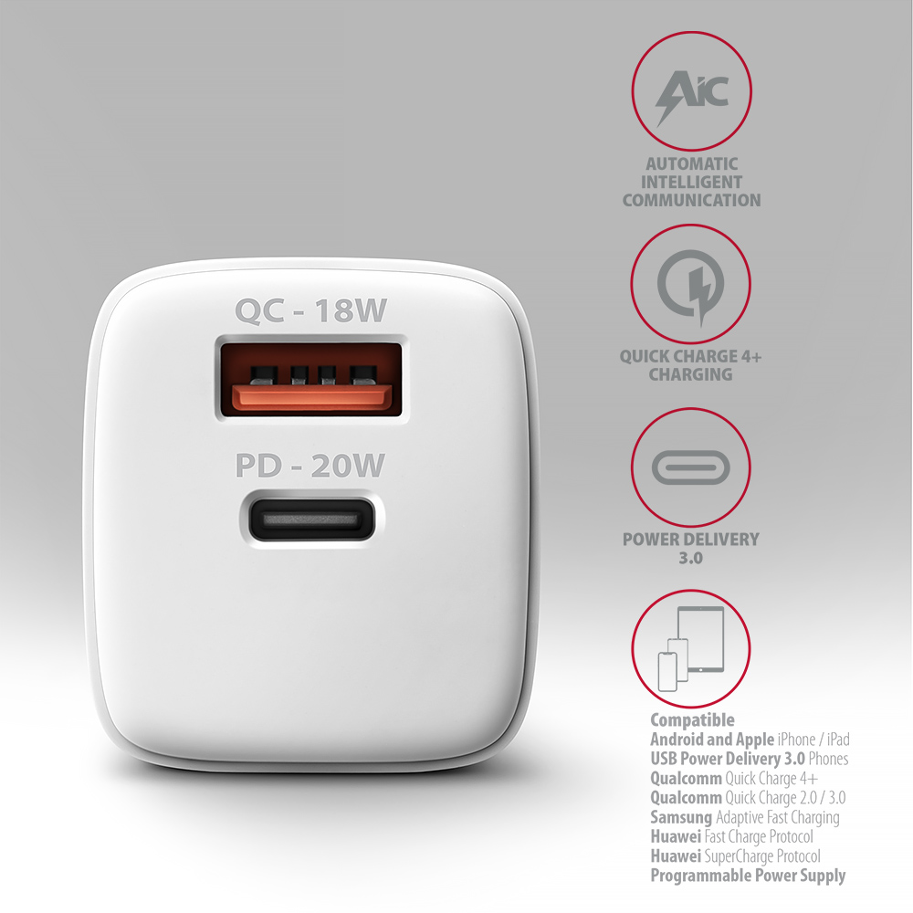 Hálózati töltő Axagon ACU-PQ22W 1x USB-C, 1x USB-A, PD3.0/QC3.0/AFC/FCP/Appple, 22 W, fehér