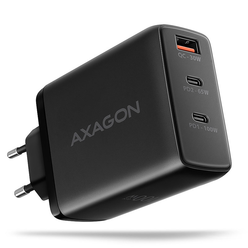 Hálózati töltő Axagon ACU-DPQ100 GaN, 3x port (USB + dual USB-C), PD3.0/QC4+/PPS/App, fekete