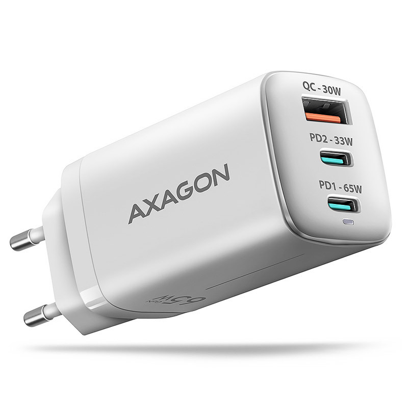 Hálózati töltő Axagon 2x USB-C, 1x USB-A, 65 W PD3.0/QC4+/PPS/Apple, fehér