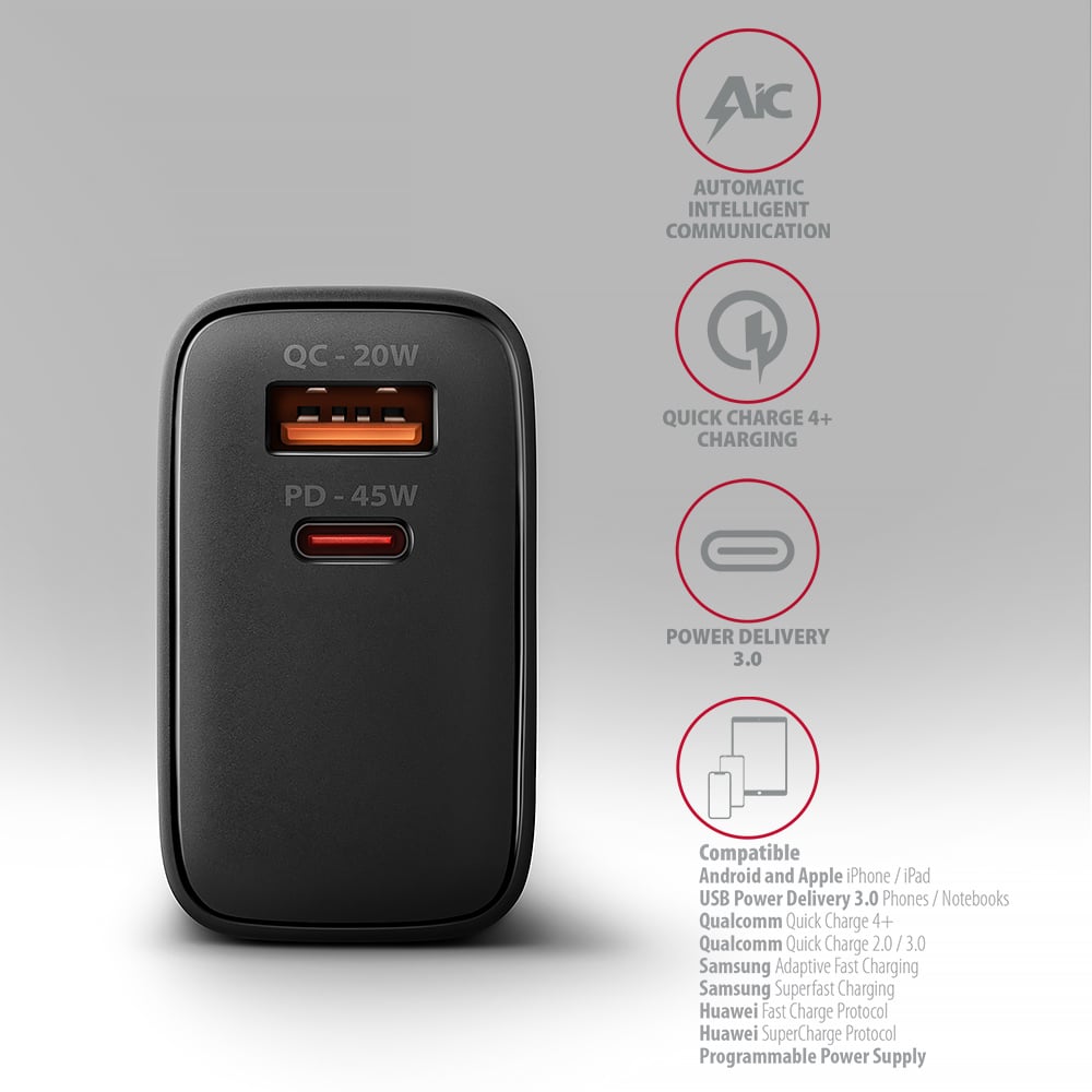 AXAGON ACU-PQ45 wall charger QC3.0,4.0/AFC/FCP/PPS/Apple + PD type-C, 45W, black