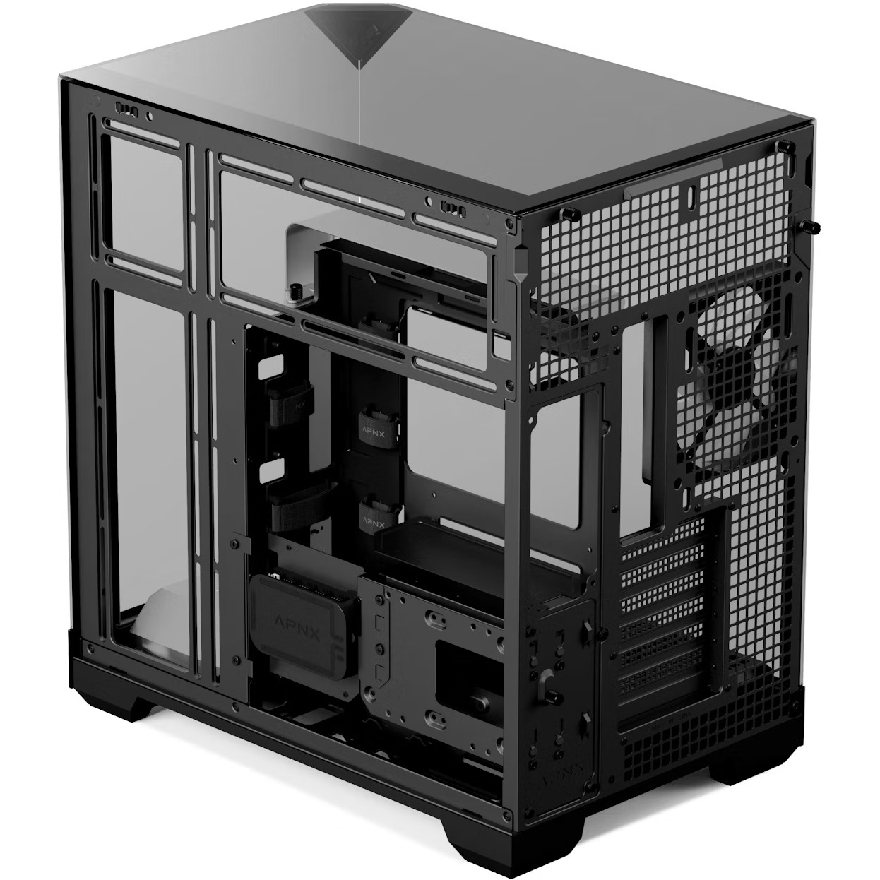 APNX V2 számítógépház, 3 oldal edzett üveg, 4x FP3-140 ARGB PWM ventilátor, Fekete