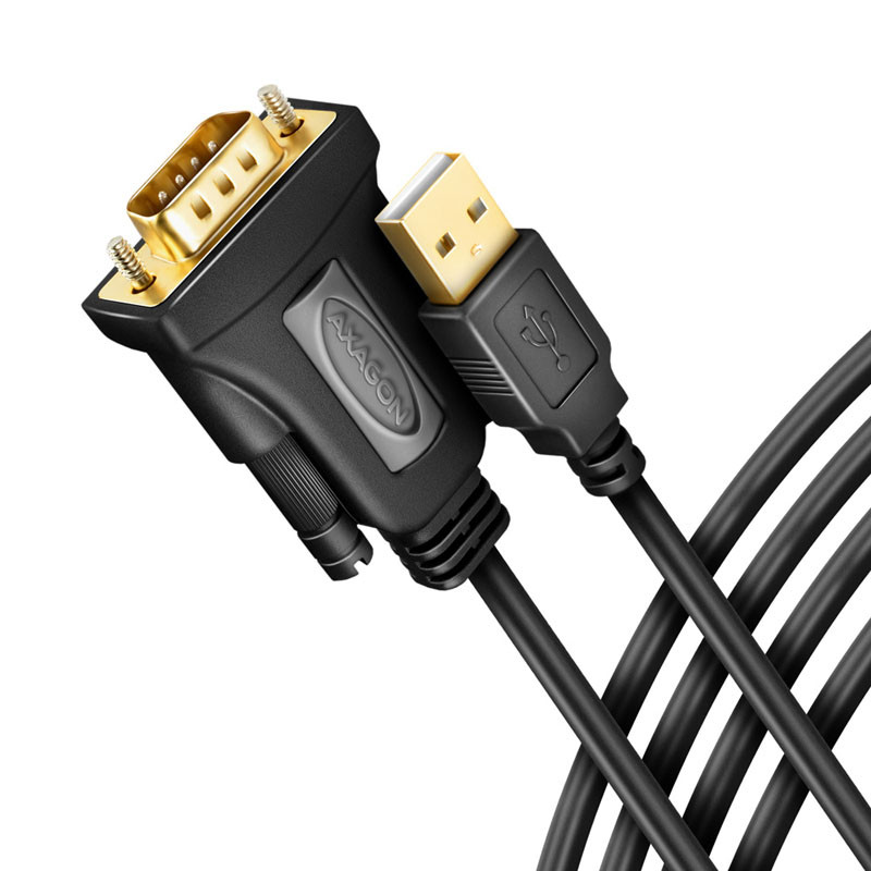 Kábel Axagon ADS-1PQN Adapter kábel, USB 2.0 > RS232 soros port - FT232RL-Chip, 1,5m, fekete