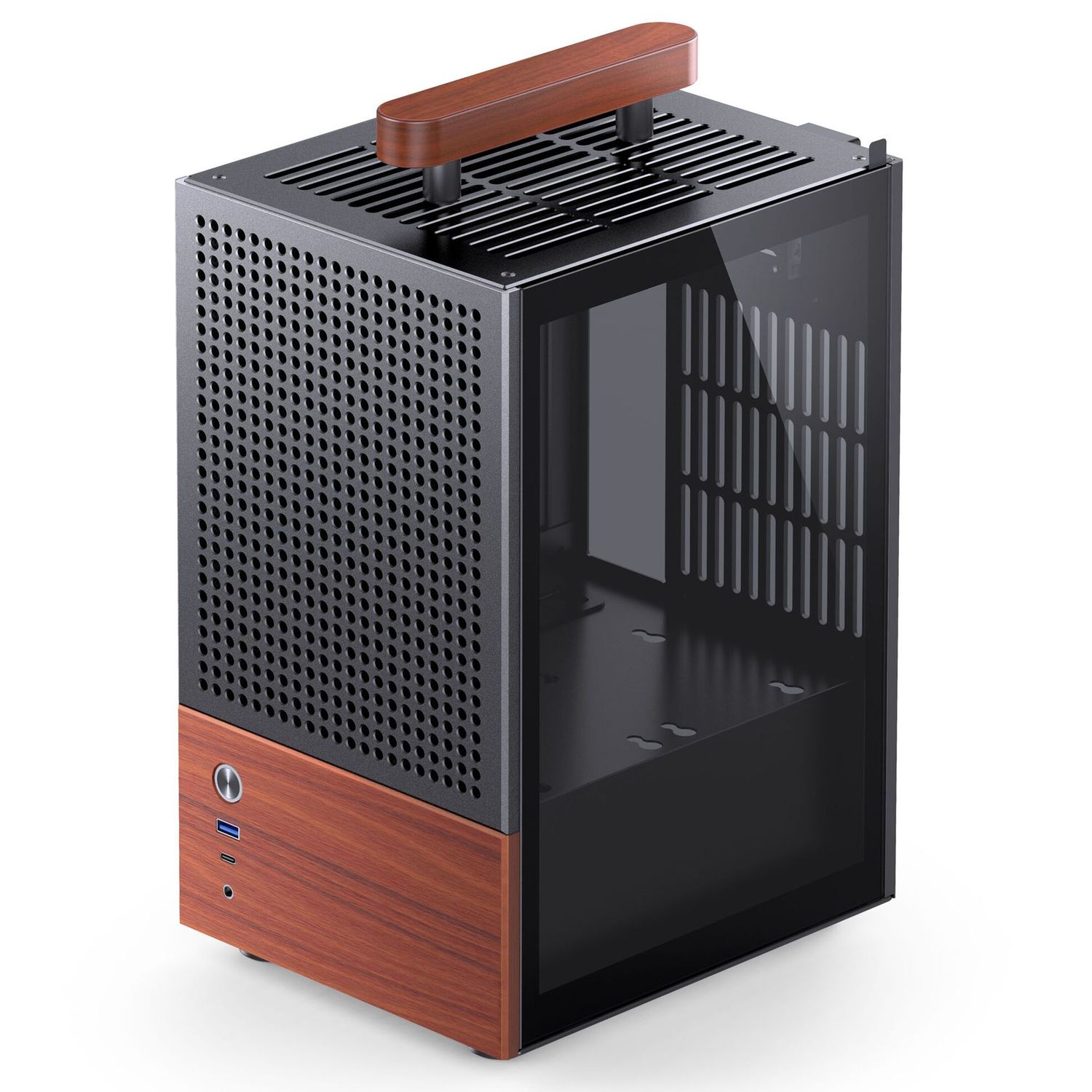 Jonsbo T6 PC Case, Mini-Tower, Mini-ITX, Tempered Glass, Wood – Black