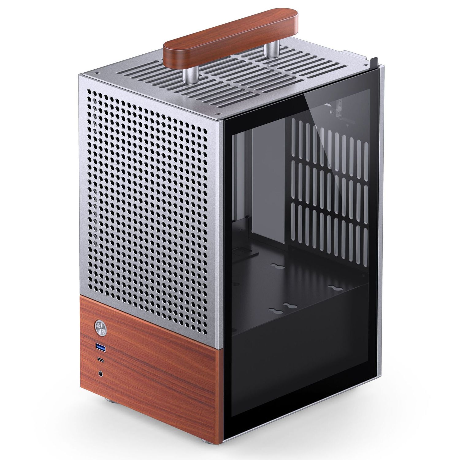 Jonsbo T6 PC Case, Mini-Tower, Mini-ITX, Tempered Glass, Wood – Silver