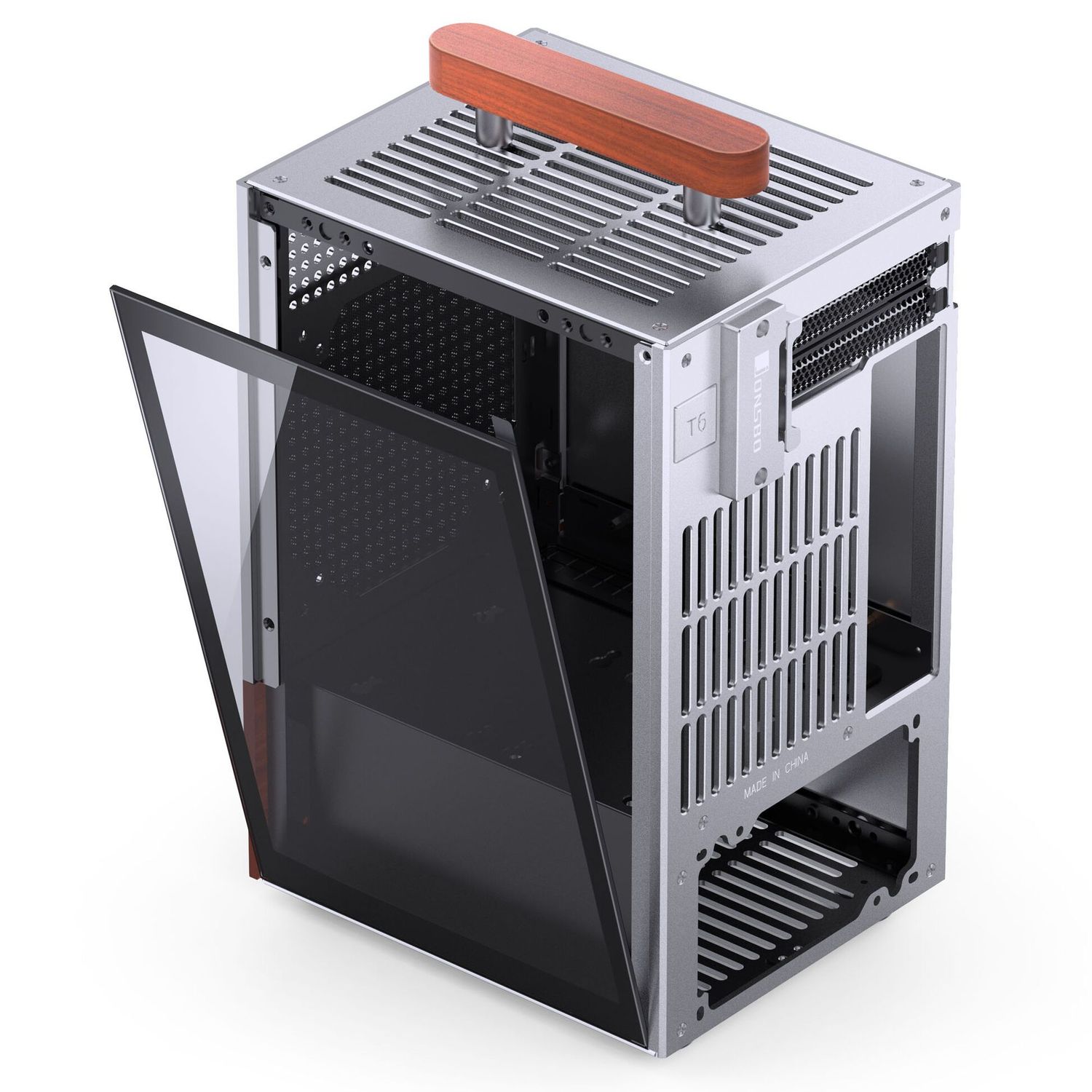 Jonsbo T6 PC Case, Mini-Tower, Mini-ITX, Tempered Glass, Wood – Silver