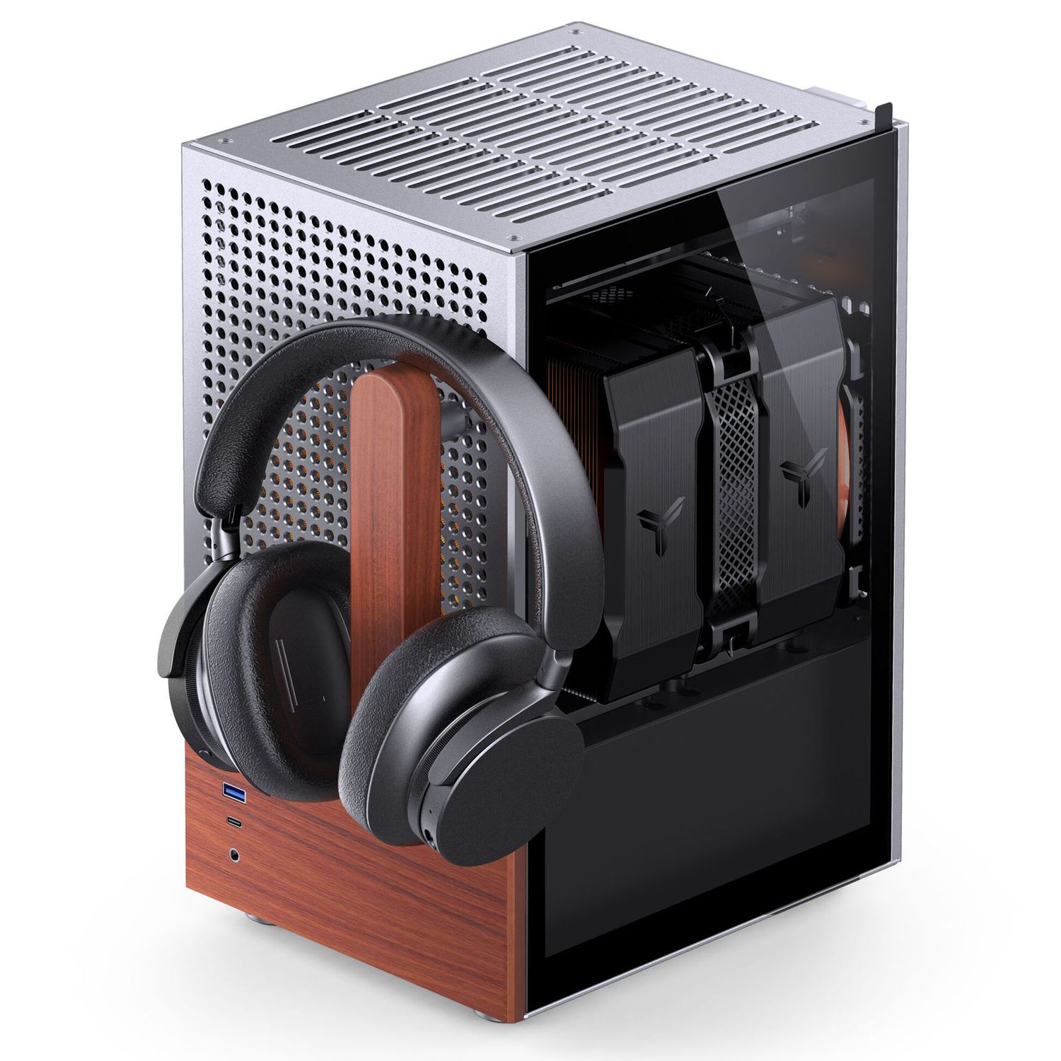 Jonsbo T6 PC Case, Mini-Tower, Mini-ITX, Tempered Glass, Wood – Silver