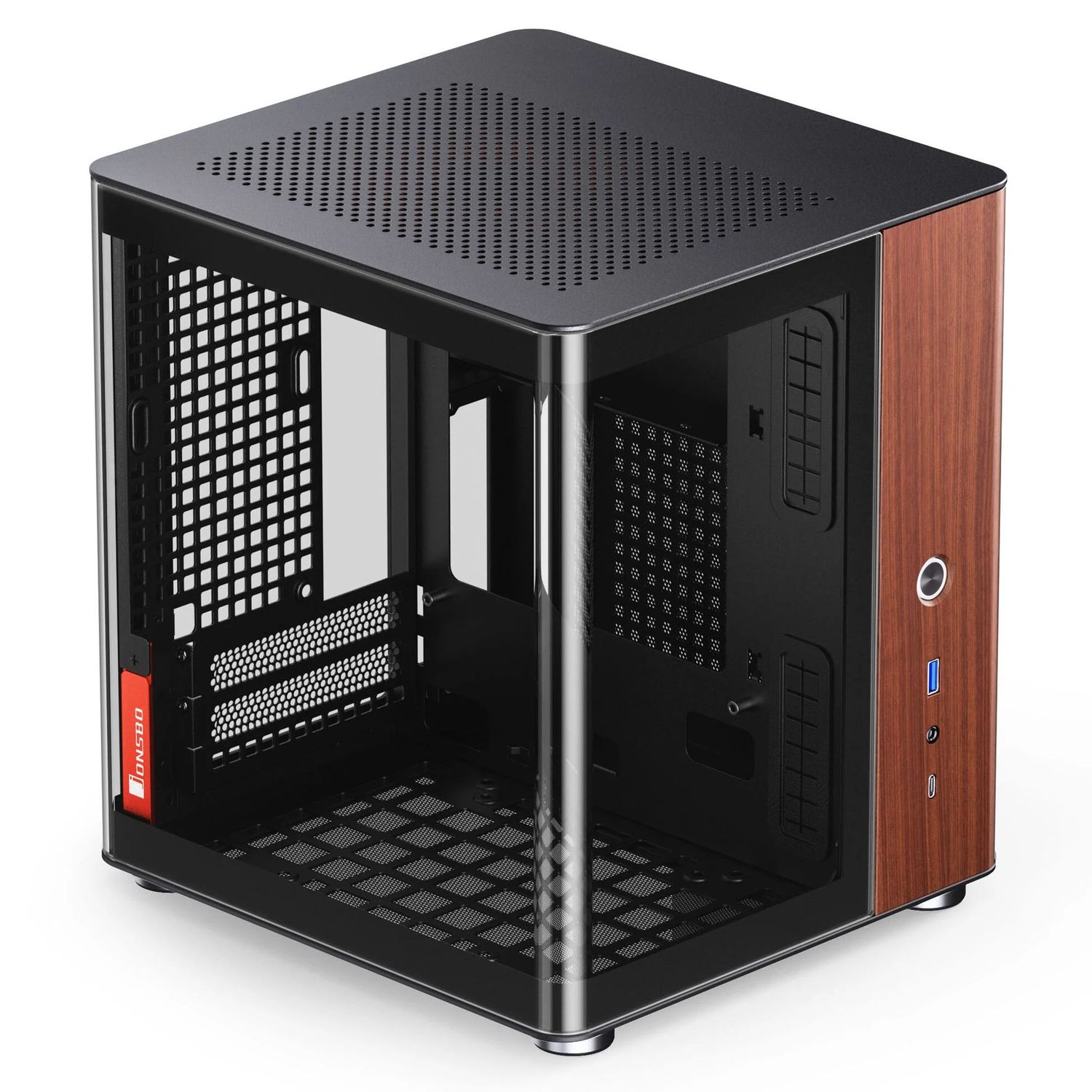 Jonsbo TK-0 PC Case, Mini-Tower, Mini-ITX, Tempered Glass, Wood – Black