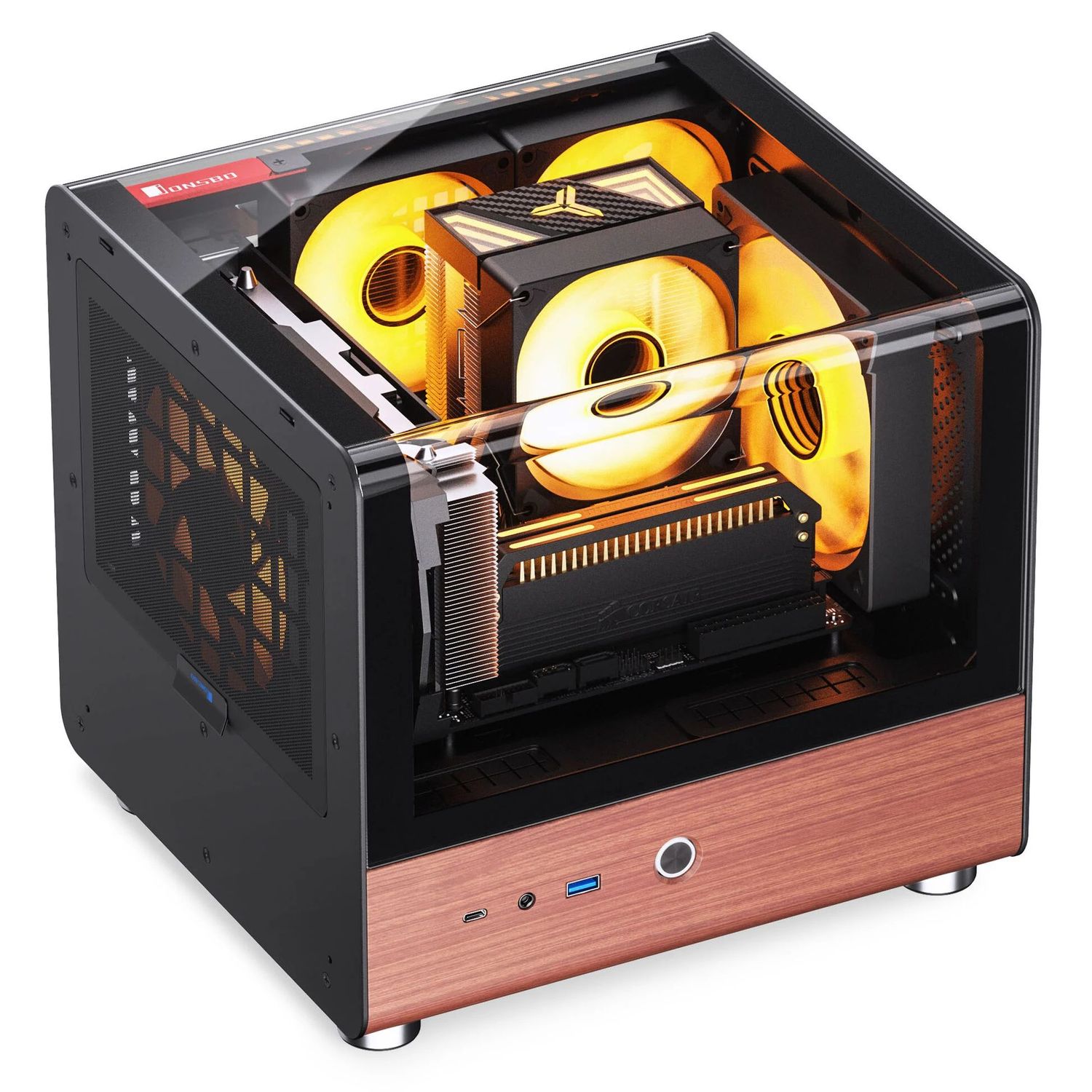 Jonsbo TK-0 PC Case, Mini-Tower, Mini-ITX, Tempered Glass, Wood – Black