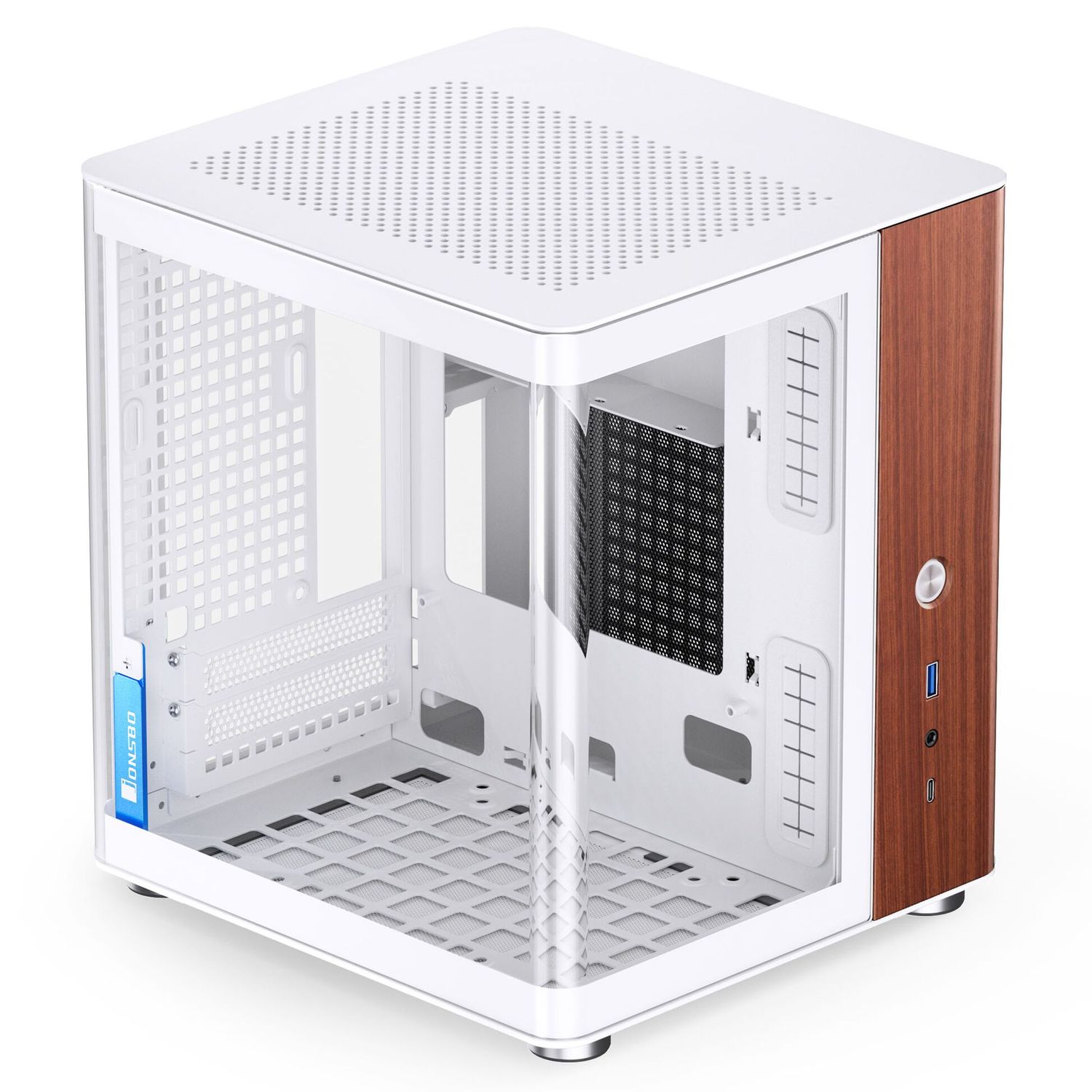 Jonsbo TK-0 PC Case, Mini-Tower, Mini-ITX, Tempered Glass, Wood – White