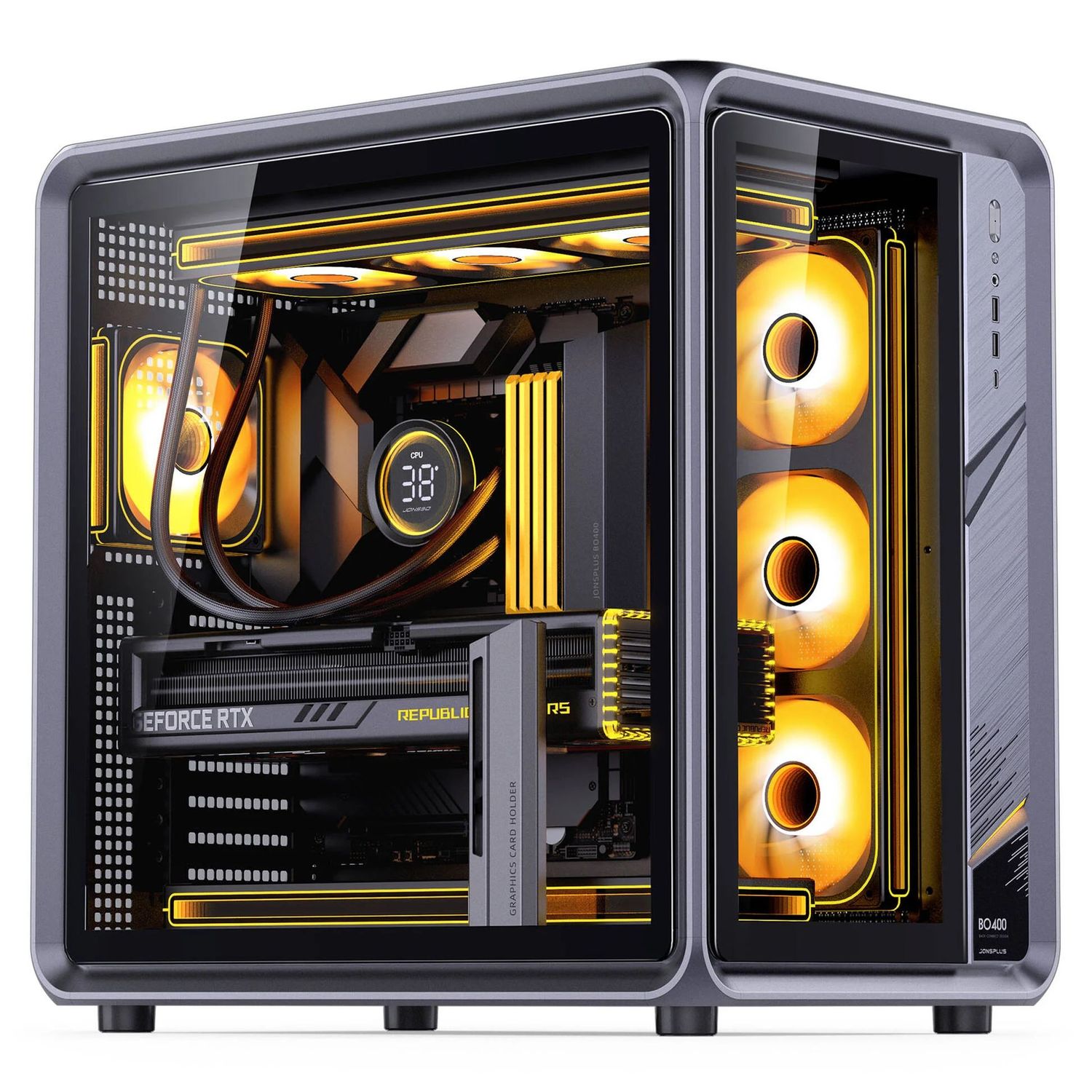 Jonsplus BO400 ház, Midi-Tower, ATX, Alu váz, edzett üveg – fekete