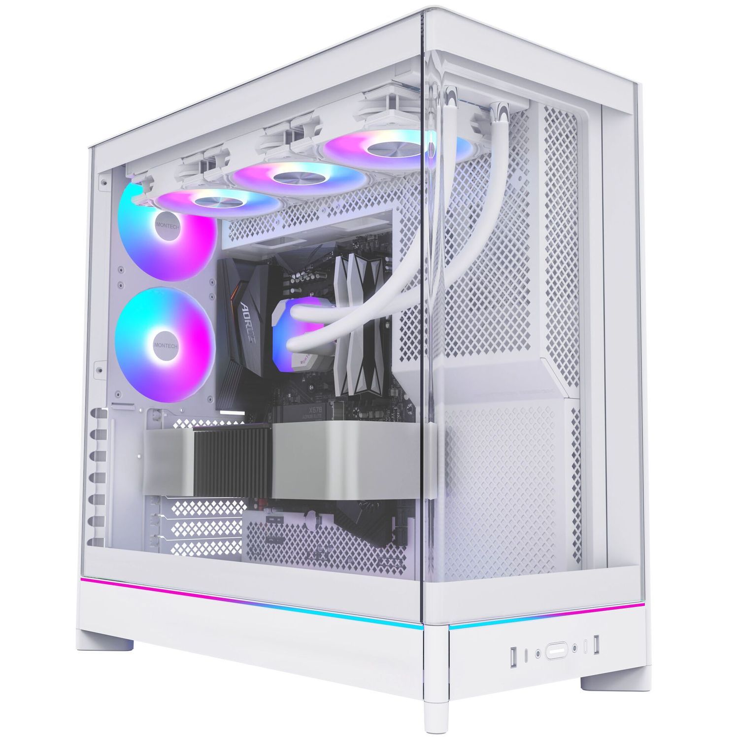 Montech HS02 PC Case, Midi Tower, ATX, Tempered Glass, ARGB - White