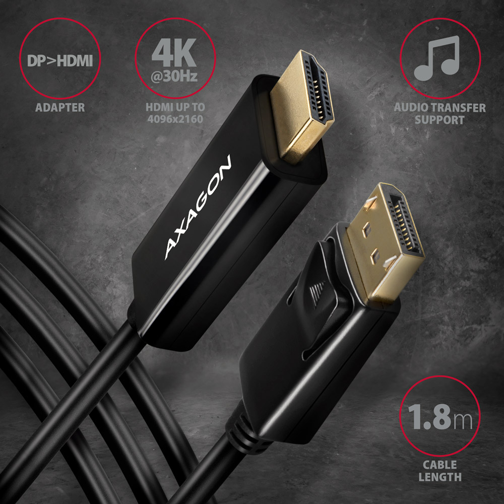 AXAGON RVD-HI14C2 DisplayPort to HDMI cable, 4K/30 Hz, 180 cm black
