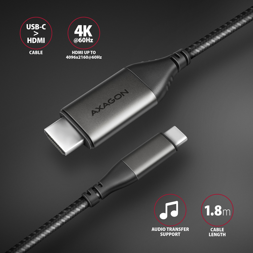 Kábel Axagon USB-C > HDMI 2.0 kábel, 1.8m 4k/60Hz, HDR 10bit