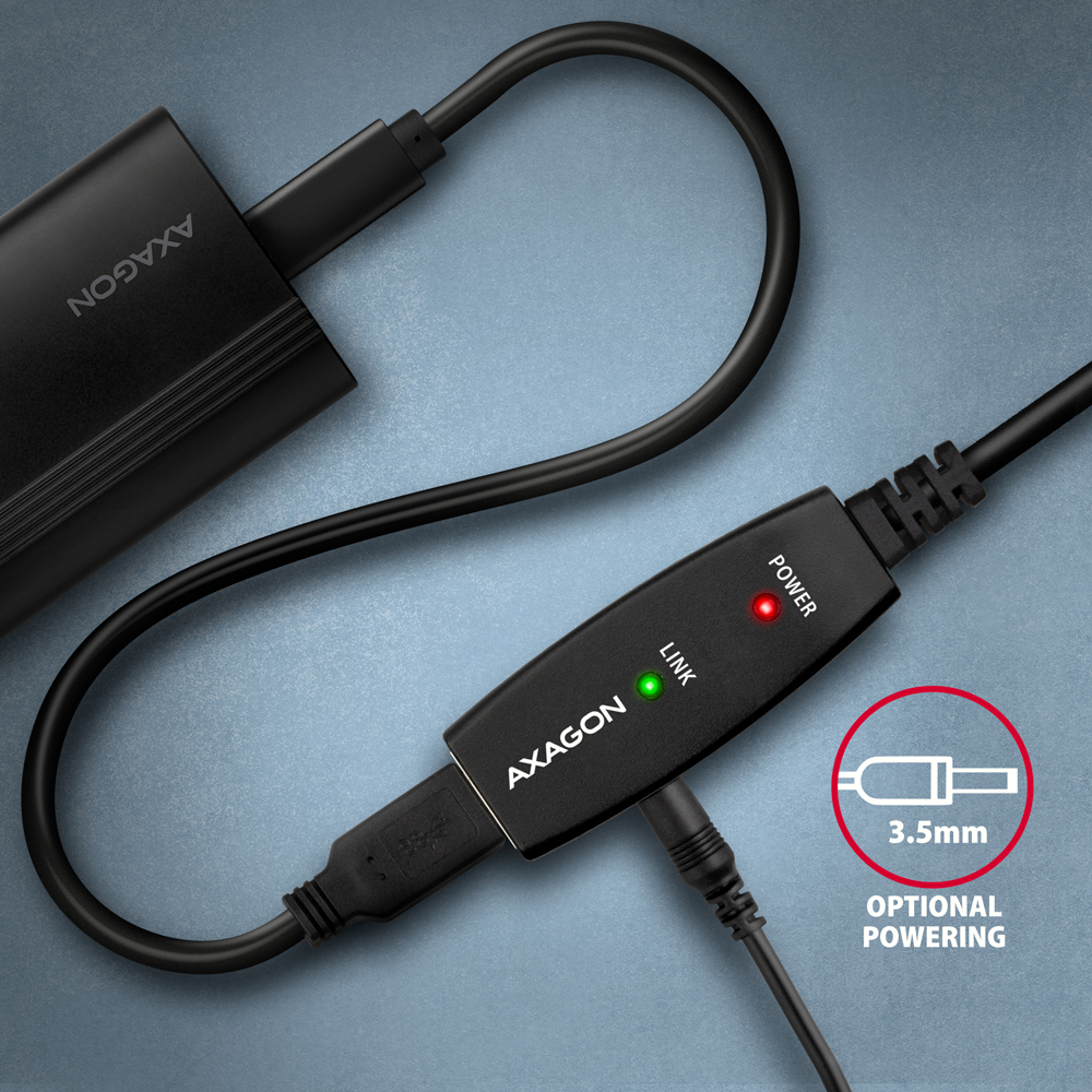 Kábel Axagon ADR-205 aktív hosszabbító USB 2.0, USB-A (M) > USB-A (F)- 5m, fekete