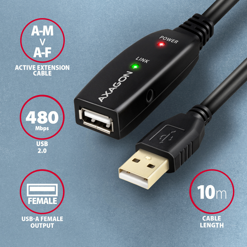 Kábel Axagon ADR-205 aktív hosszabbító USB 2.0, USB-A (M) > USB-A (F)- 10m, fekete