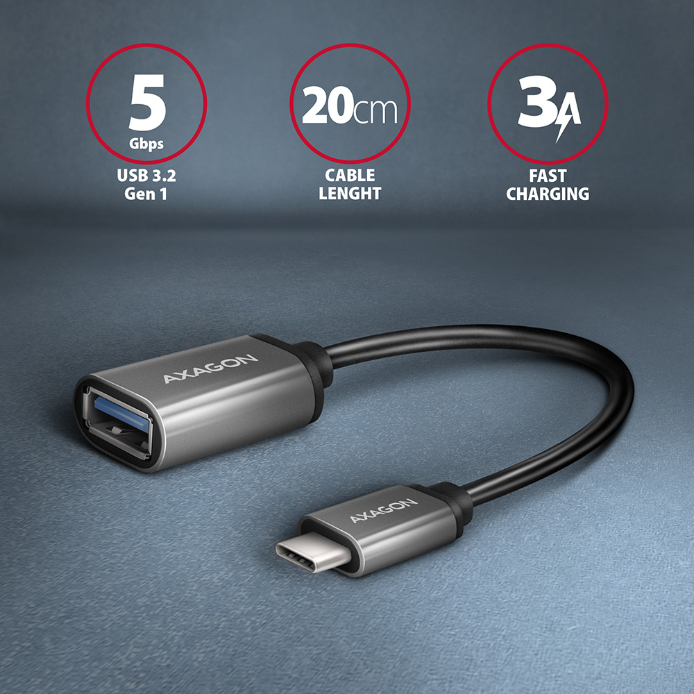 Kábel Axagon RUCM-AFA USB-C 3.2 (M) > USB-A (F), 20cm , alu