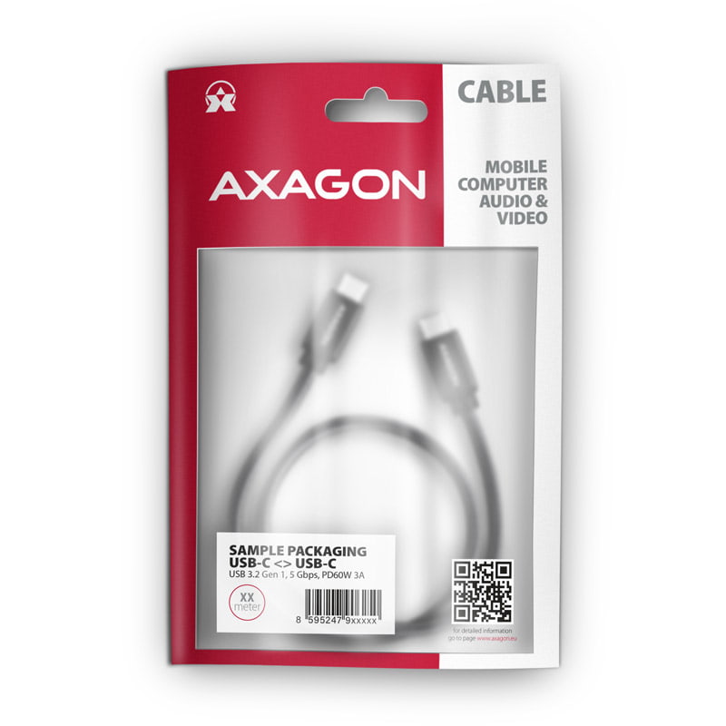 Kábel Axagon USB 3.2 gen1 Type-C - Type-C, PD 60W 3A, 2m, Fekete
