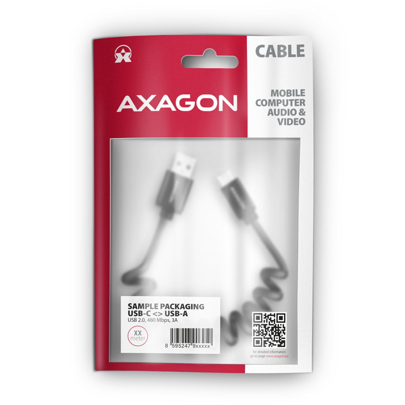 Kábel USB spirál Axagon USB2.0 A (Male) - Type-C (Male) 0,6m