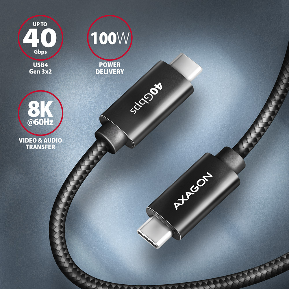 Kábel AXAGON BUCM432-CM10AB 100W USB-C <> USB-C 4 Gen 3x2 Cable 1m fekete