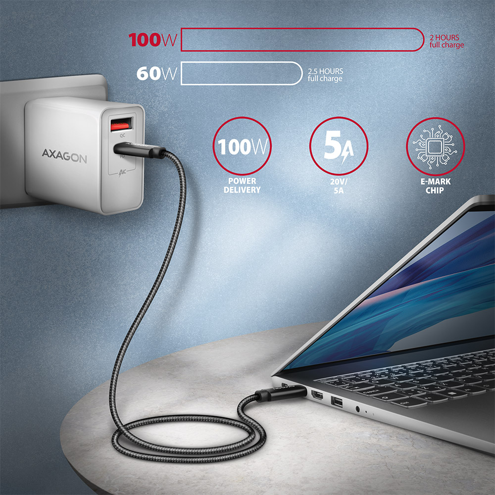 Kábel AXAGON BUCM432-CM10AB 100W USB-C <> USB-C 4 Gen 3x2 Cable 1m fekete