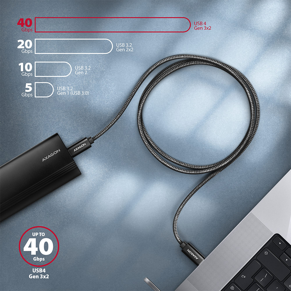 Kábel AXAGON BUCM432-CM10AB 100W USB-C <> USB-C 4 Gen 3x2 Cable 1m fekete