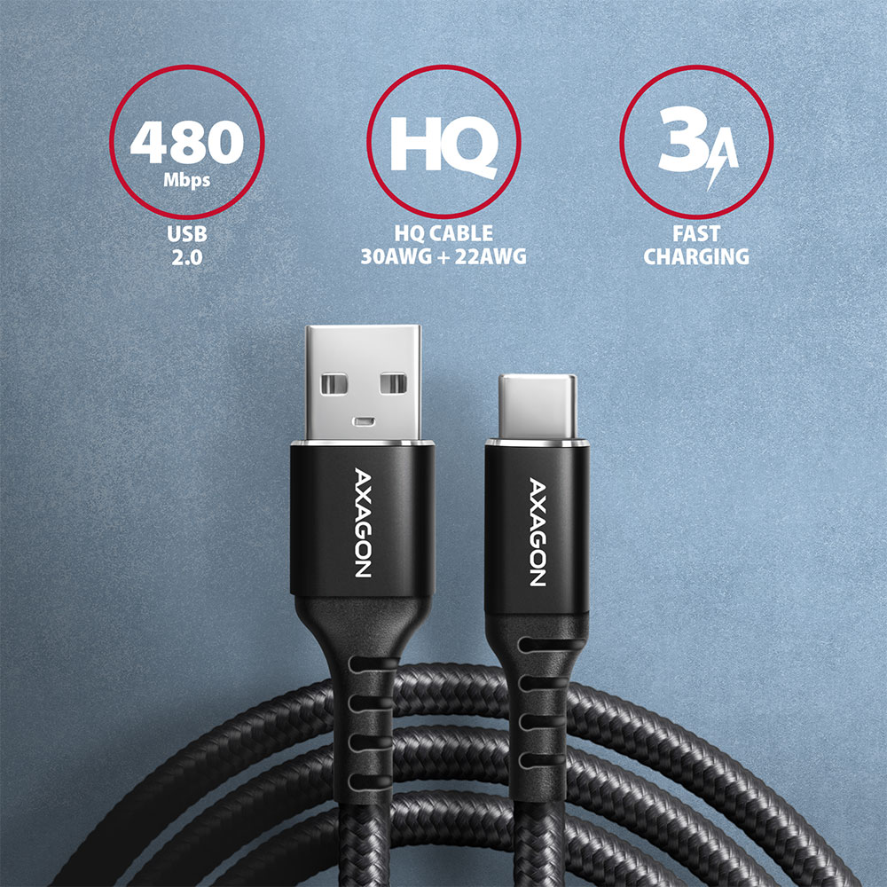 Kábel Axagon BUCM-AM15AB USB-C > USB-A Kabel, 1,5 m, USB 2.0, 3A,, fekete