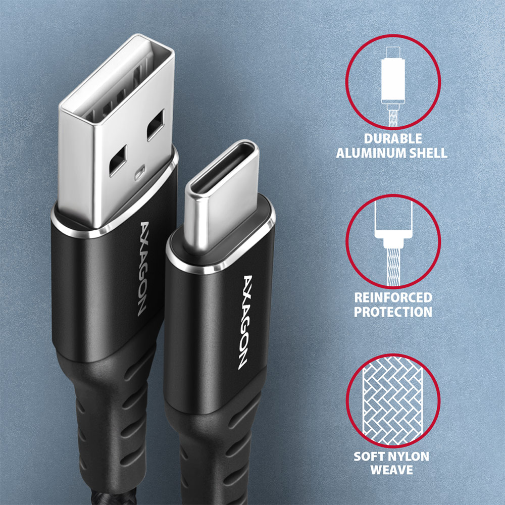 AXAGON BUCM-AM15AB USB-C zu USB-A Kabel, 1,5 m, USB 2.0, 3A, geflochten - schwarz
