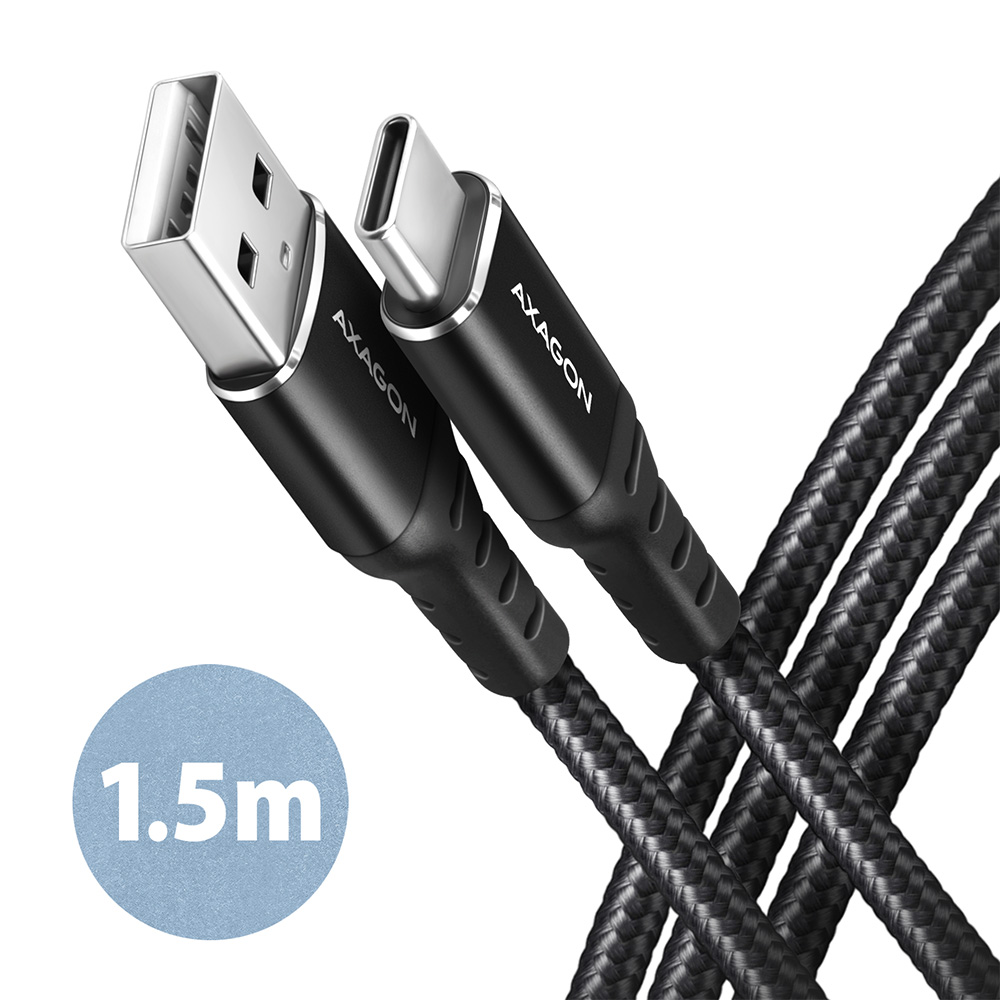 AXAGON BUCM-AM15AB USB-C zu USB-A Kabel, 1,5 m, USB 2.0, 3A, geflochten - schwarz