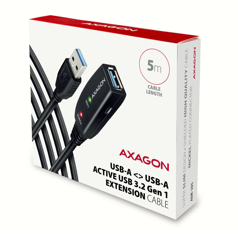 Kábel Axagon ADR-305 aktív hosszabbító USB 3.2, USB-A (M) > USB-A (F)- 5m, fekete