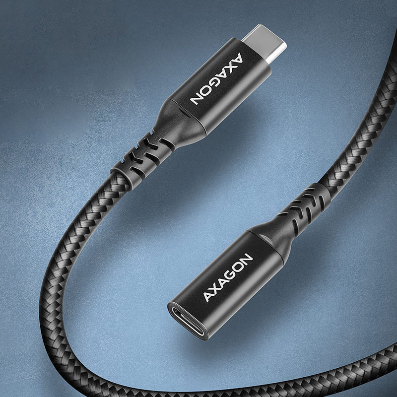Kábel Axagon BUCM32-CF10AB USB C hosszabbító, 20GBPS, 240W, 1m, fonott, fekete