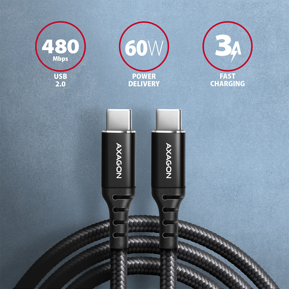 AXAGON BUCM-CM15AB cable USB-C <-> USB-C 2.0, 1.5m, PD 60W, 3A, ALU, braid, Black
