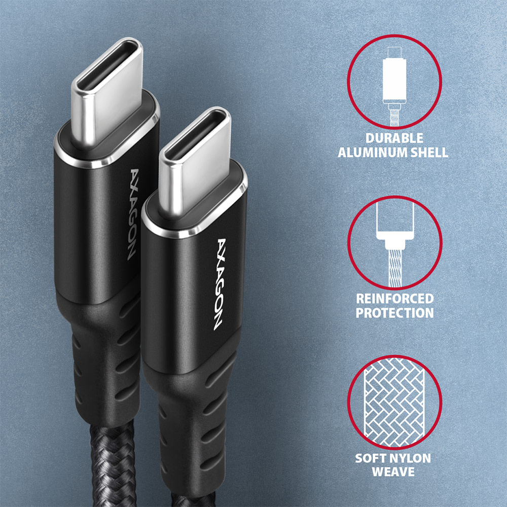 AXAGON BUCM-CM15AB cable USB-C <-> USB-C 2.0, 1.5m, PD 60W, 3A, ALU, braid, Black