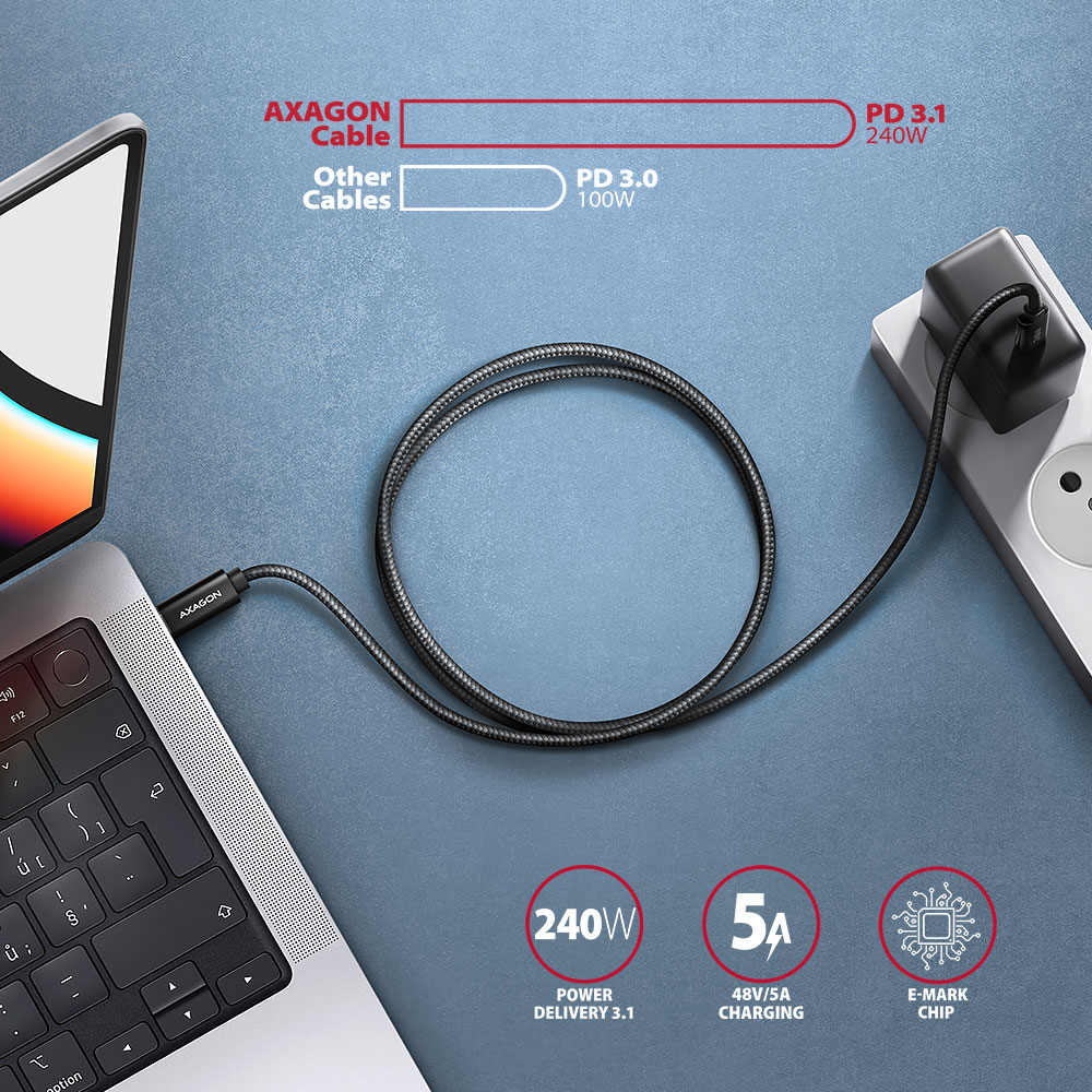 Kábel Axagon USB Type-C - Type-C töltőkábel, PD 240W 5A, 1,5m, Fekete